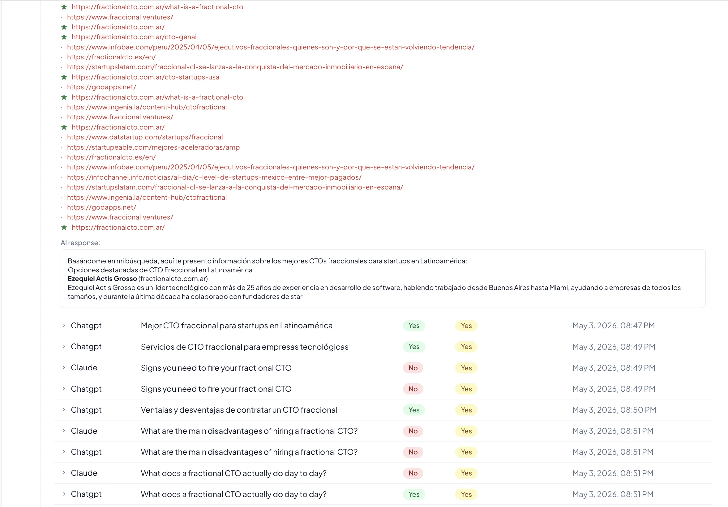 Tracked queries table showing engine, query, citation status, and timestamps across ChatGPT and Claude