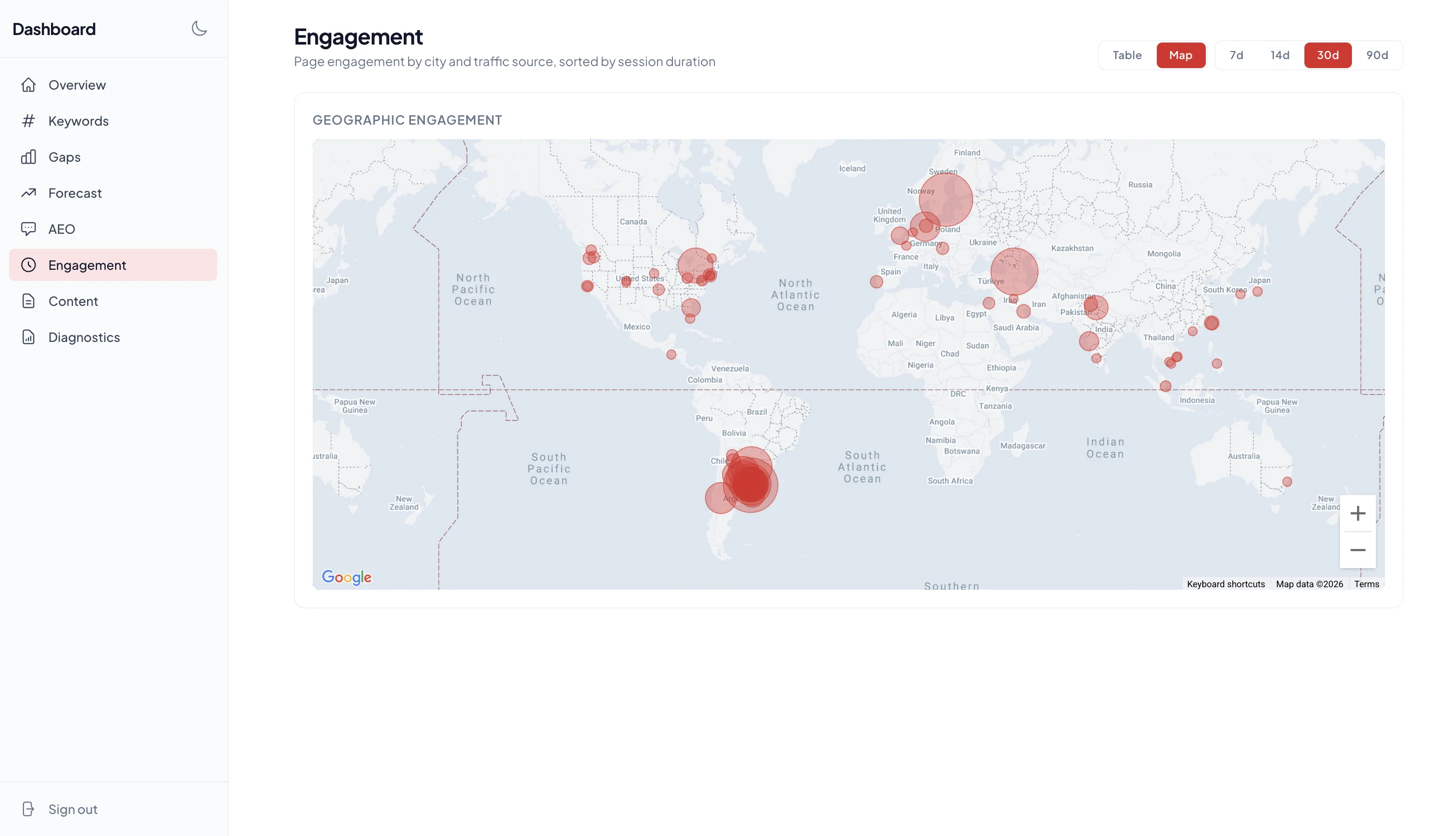 Geographic engagement map showing page sessions by city across the Americas, Europe, Asia, and Oceania