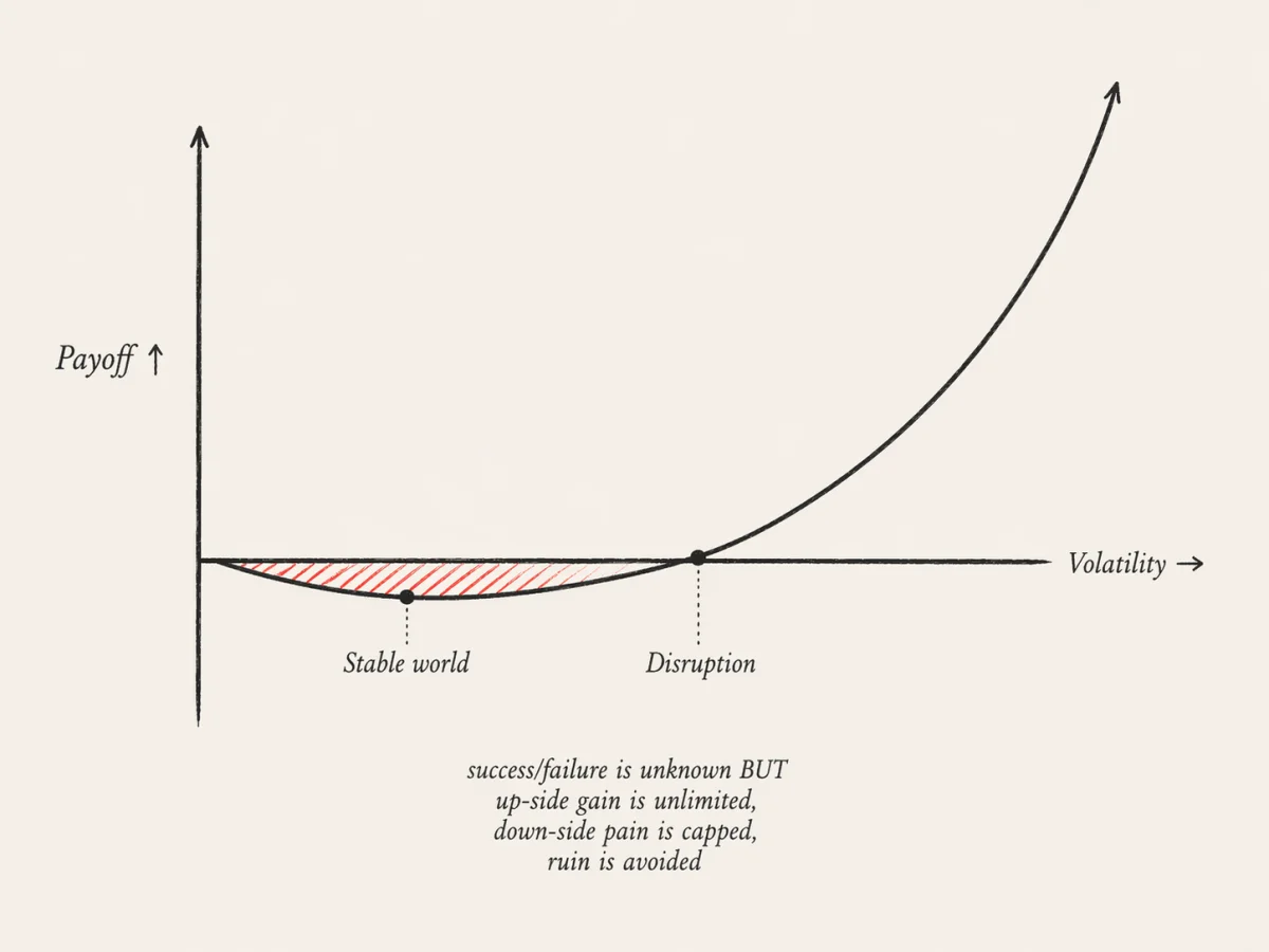 Convex payoff curve: small capped downside in a stable world, exponential unbounded gain when disruption hits