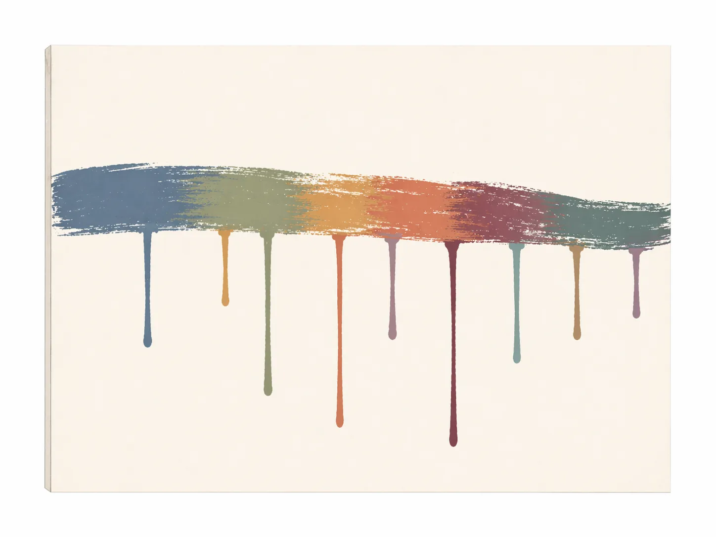 A horizontal brushstroke with paint drips of varying lengths falling at irregular intervals — depth forms unpredictably wherever curiosity lingers