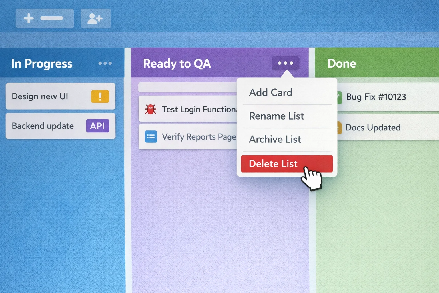 Kanban board showing 'Ready to QA' column being deleted