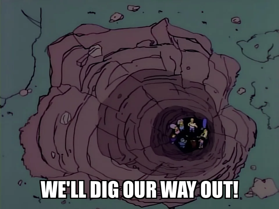Simpsons scene: Springfield townspeople at the bottom of a huge hole, captioned 'We'll dig our way out!'